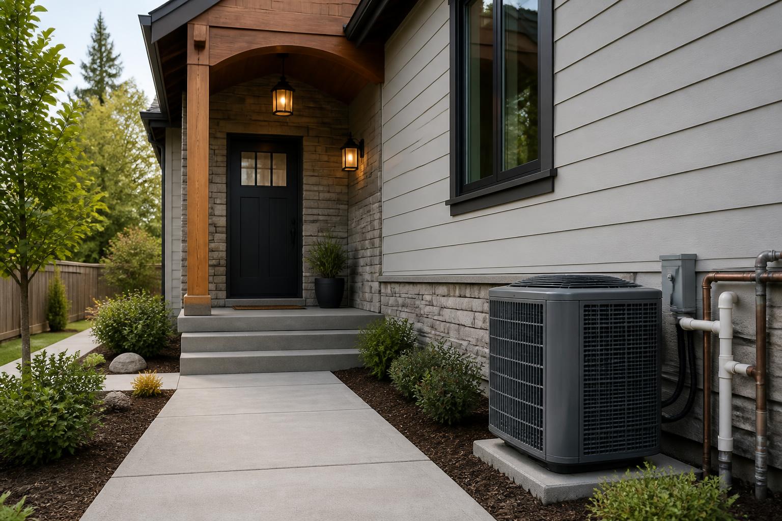 Modern home exterior with clean plumbing and HVAC service readiness