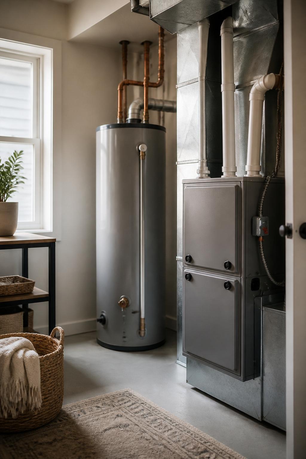 Finished utility room with neatly installed water heater and HVAC equipment